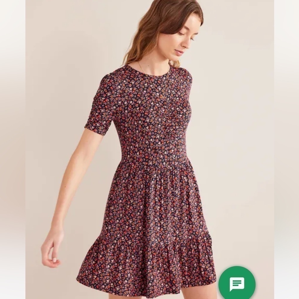 Boden | Ruched Bust Jersey Mini Dress in Pink Sherbet, Petal Foliage